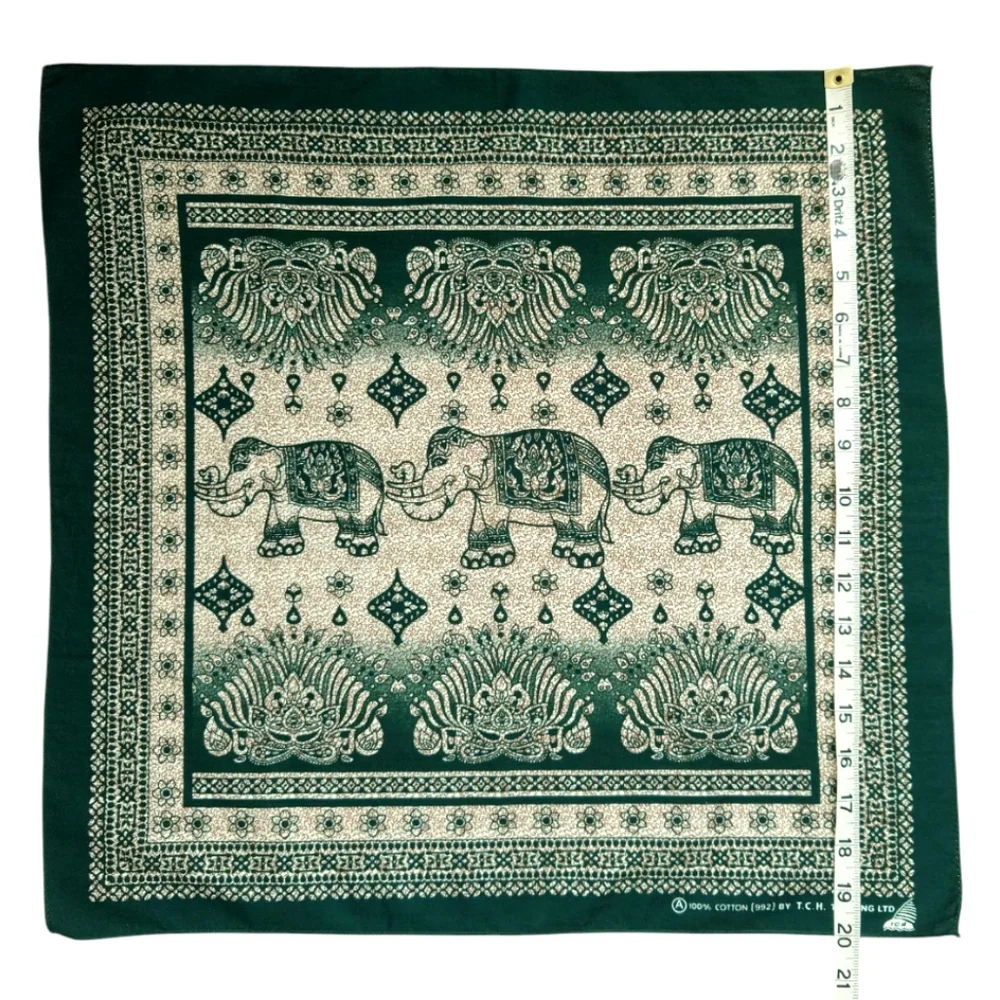 Dark Green Cotton Elephant Print Small City Scarf Bandana Head Scarf Square
